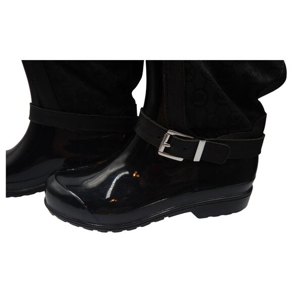 Michael Kors Fulton Fur Trim Monogram Jacquard Rubber Knee High Rainboot Black 7 - Picture 2 of 12